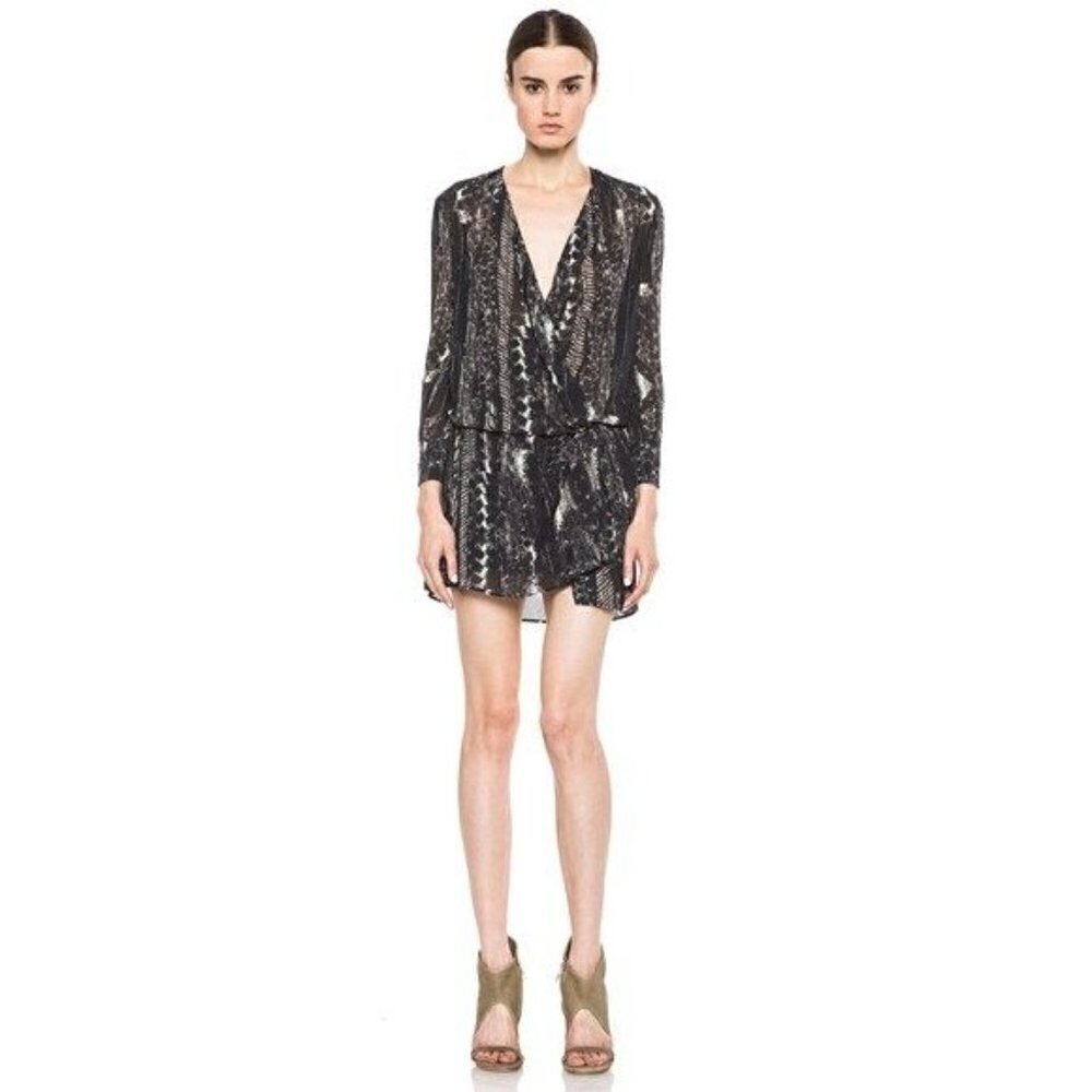 IRO‎ Akley Black Printed Wrap Silk Mini Dress 34 XS